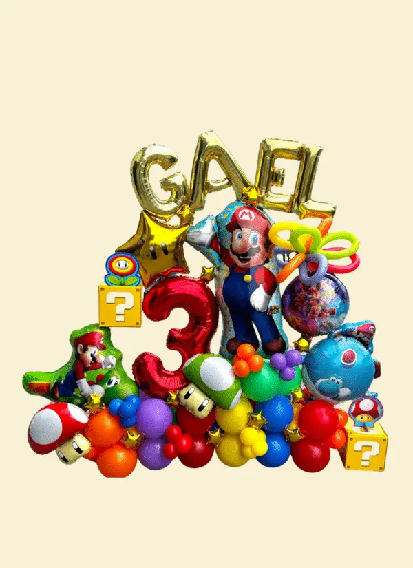 A large balloon marquee featuring a giant number balloon, custom name letters, themed foil balloons, and colorful latex balloon clusters designed for birthdays and celebration