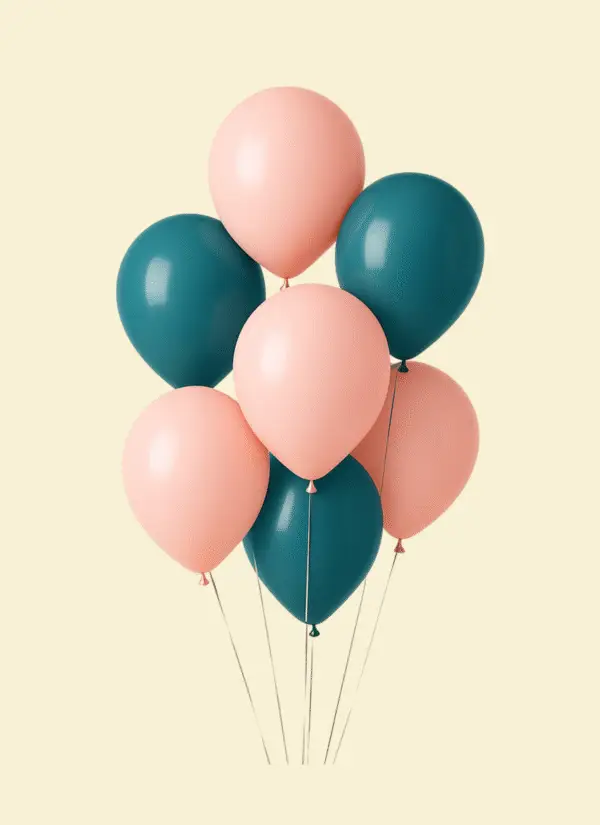 Helium balloon bouquet with 6 latex balloons in blush pink and teal, custom colors available for birthdays, parties, and events.