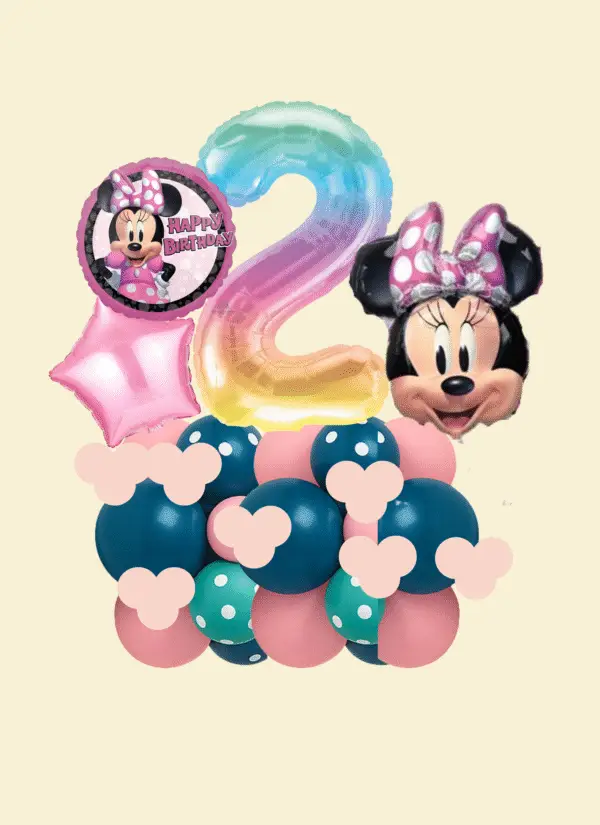 Minnie Mouse themed medium balloon marquee featuring a rainbow foil number, Minnie Mouse balloons, and a base of teal, pink, and polka-dot balloons.