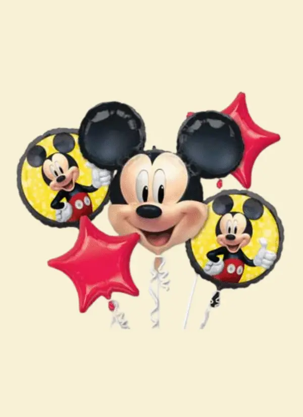 Helium balloon bouquet in Mickie Mouse colors with coordinating foil accents and ribbon weight.