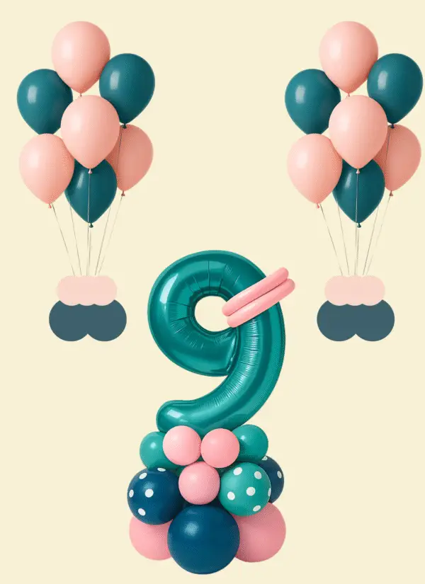 Balloon party bundle featuring a large teal number balloon centerpiece with a matching balloon base in teal and light pink, accented with polka dot balloons. Includes two helium balloon bouquets with coordinating teal and light pink balloons.