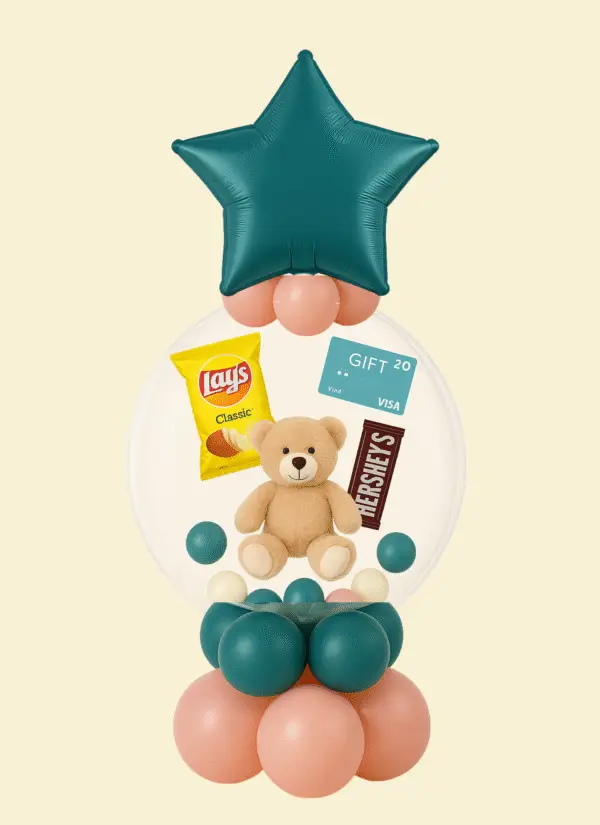 Pre-made stuffed balloon with teddy bear, chips, candy bar, and gift card inside.