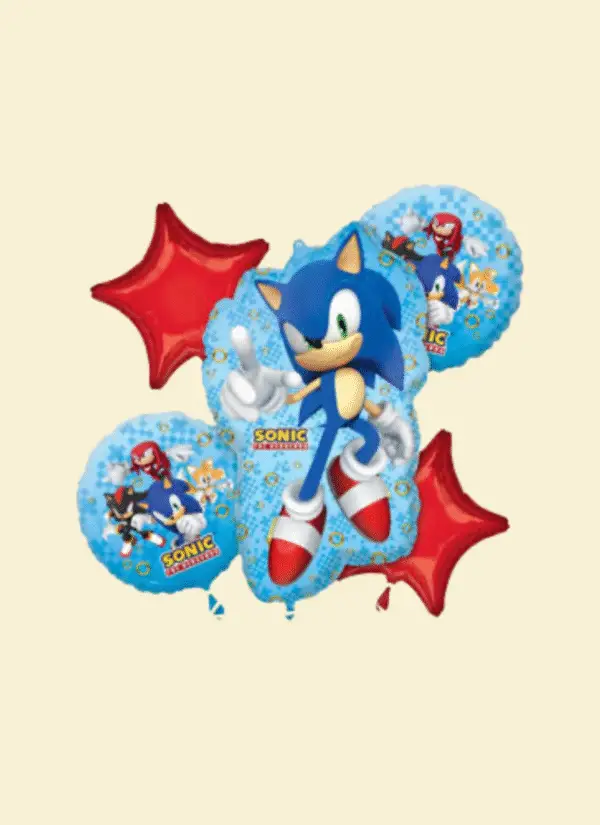 Helium balloon bouquet in Sonic colors with coordinating foil accents and ribbon weight.