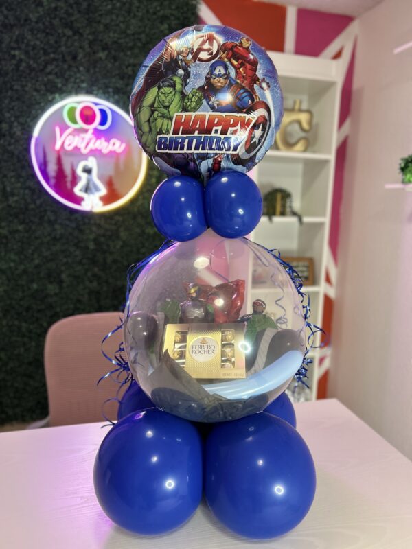 Avengers themed stuffed balloon gift with clear balloon, mini balloons, and superhero birthday design.